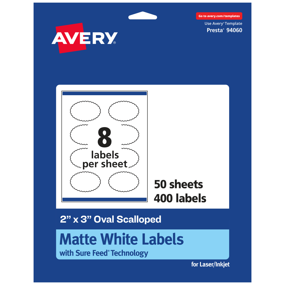 Avery Permanent Labels With Sure Feed, 94060-WMP50, Oval Scalloped, 2in x 3in, White, Pack Of 400 MPN:94060-WMP50