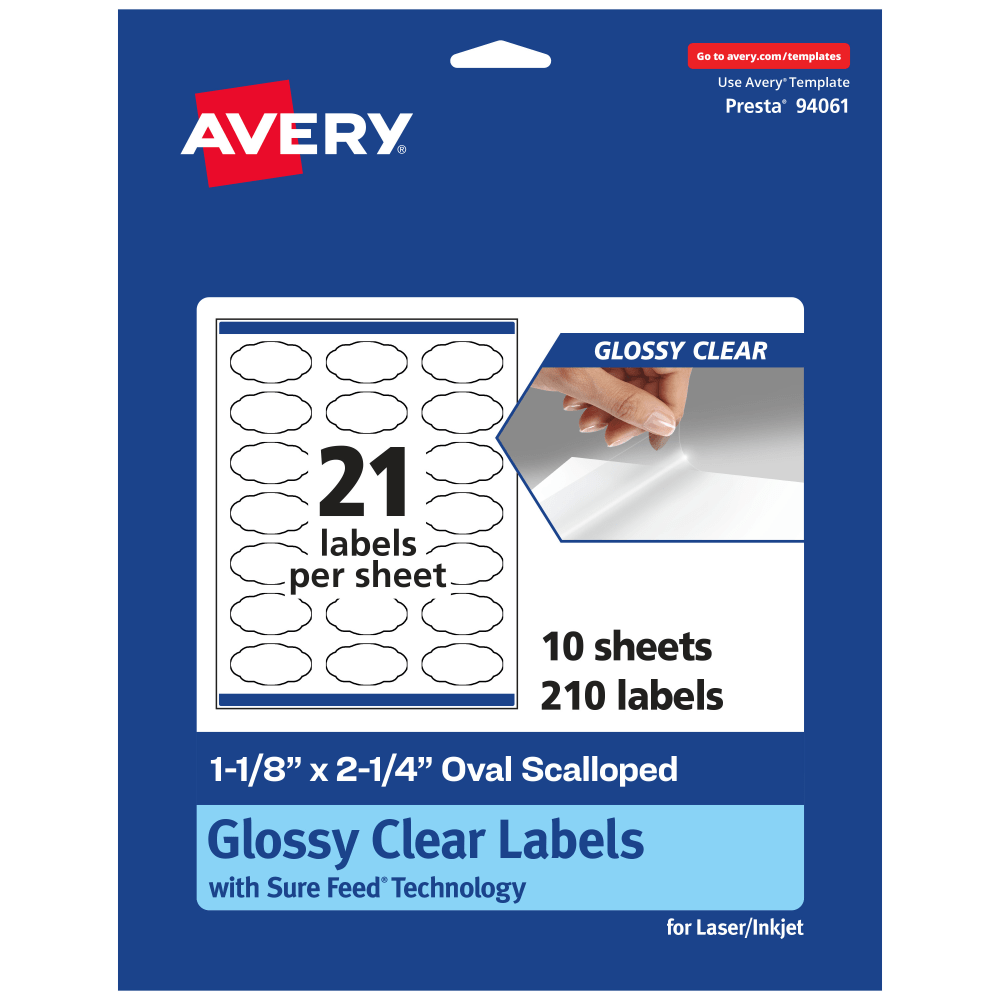 Avery Glossy Permanent Labels With Sure Feed, 94061-CGF10, Oval Scalloped, 1-1/8in x 2-1/4in, Clear, Pack Of 210 MPN:94061-CGF10