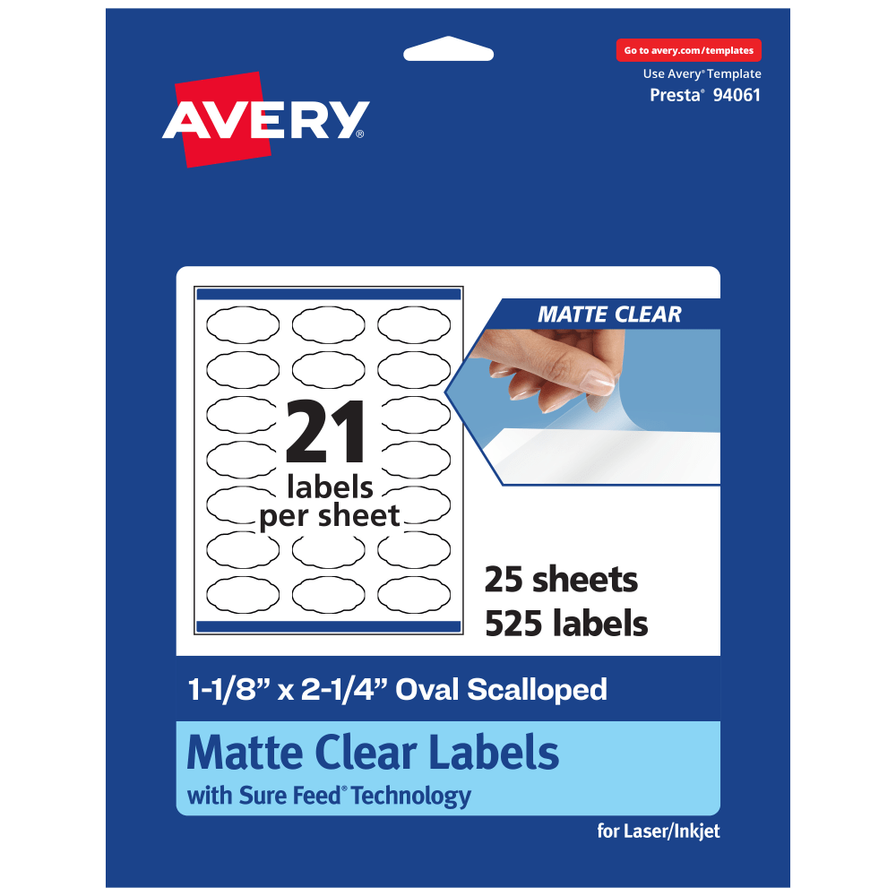 Avery Permanent Labels With Sure Feed, 94061-CMF25, Oval Scalloped, 1-1/8in x 2-1/4in, Matte Clear, Pack Of 525 MPN:94061-CMF25