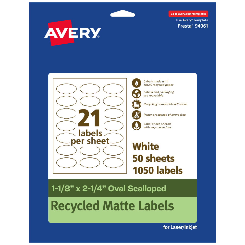 Avery Recycled Paper Labels, 94061-EWMP50, Oval Scalloped, 1-1/8in x 2-1/4in, White, Pack Of 1050 MPN:94061-EWMP50