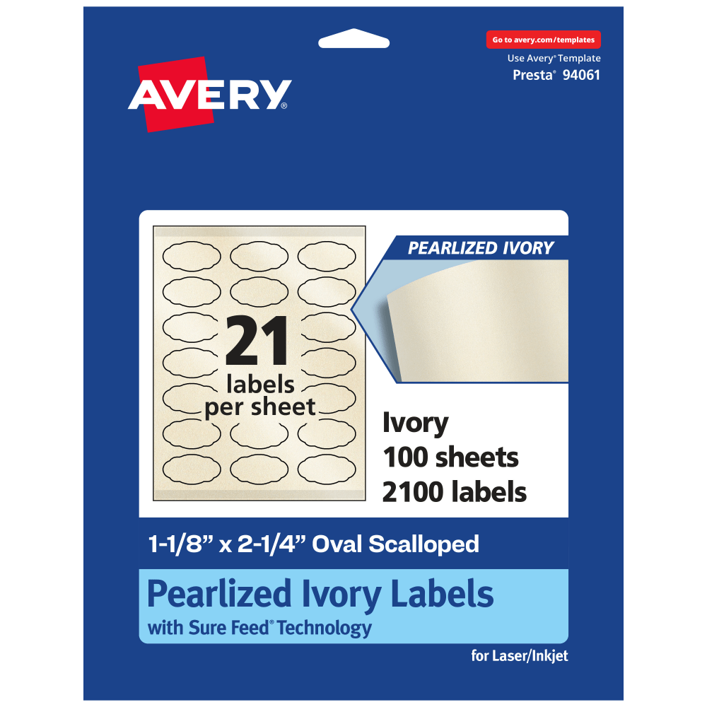 Avery Pearlized Permanent Labels With Sure Feed, 94061-PIP100, Oval Scalloped, 1-1/8in x 2-1/4in, Ivory, Pack Of 2, 100 Labels MPN:94061-PIP100