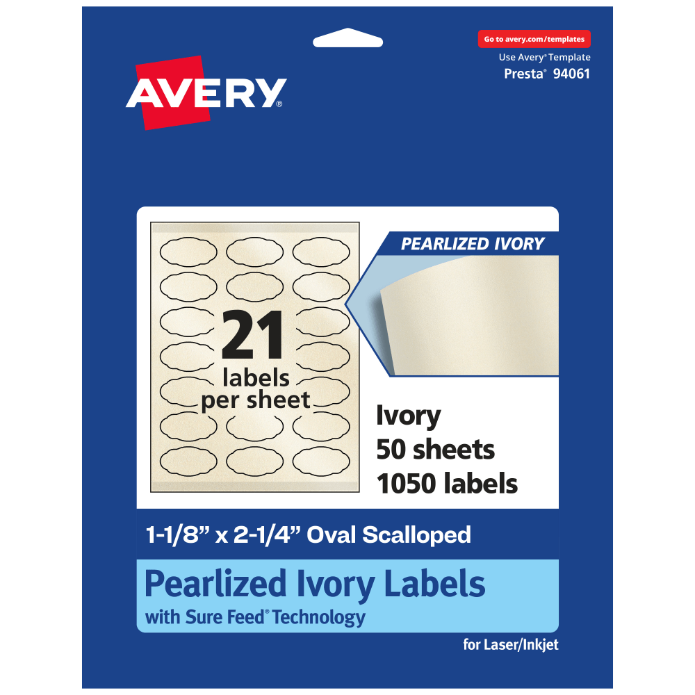 Avery Pearlized Permanent Labels With Sure Feed, 94061-PIP50, Oval Scalloped, 1-1/8in x 2-1/4in, Ivory, Pack Of 1, 050 Labels MPN:94061-PIP50