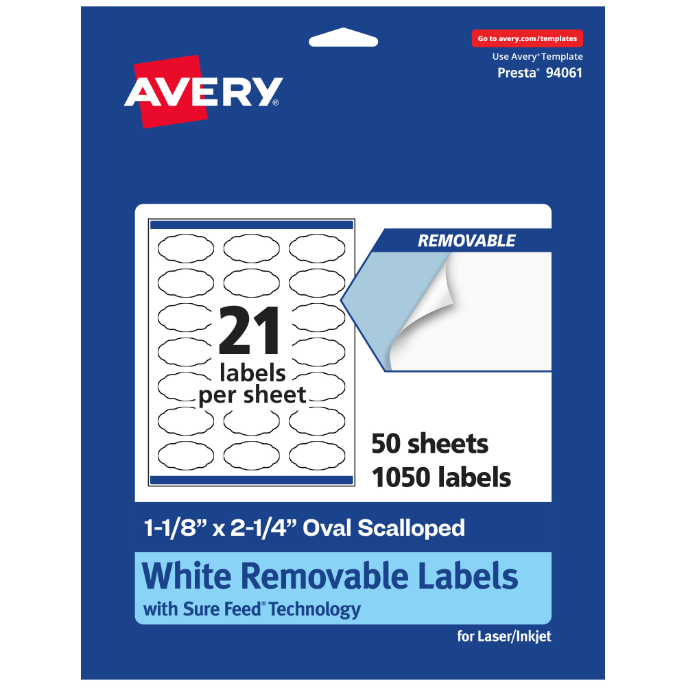 Avery Removable Labels With Sure Feed, 94061-RMP50, Oval Scalloped, 1-1/8in x 2-1/4in, White, Pack Of 1, 050 Labels MPN:94061-RMP50