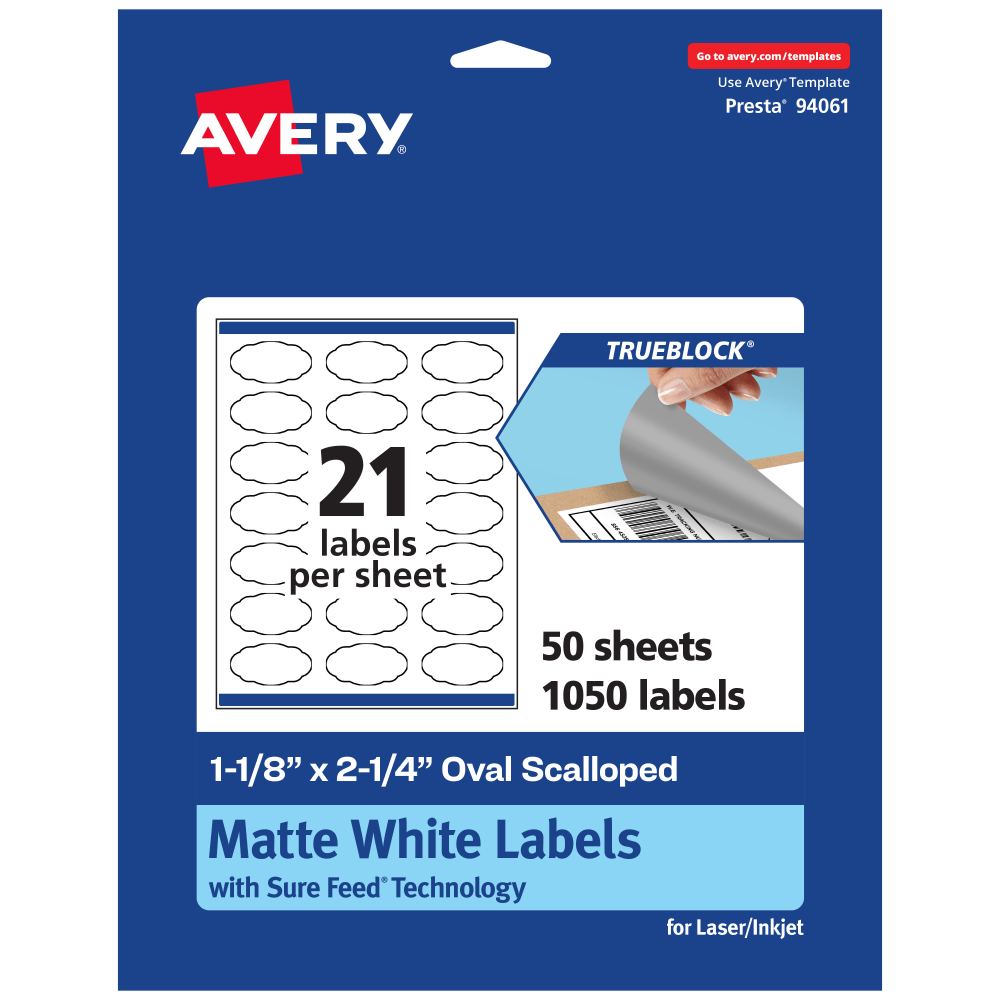 Avery Print-To-The-Edge TrueBlock Labels With Sure Feed, 94061-TWMP50, Oval Scalloped, 1-1/8in x 2-1/4in, Matte White, Pack Of 1050 MPN:94061-TWMP50