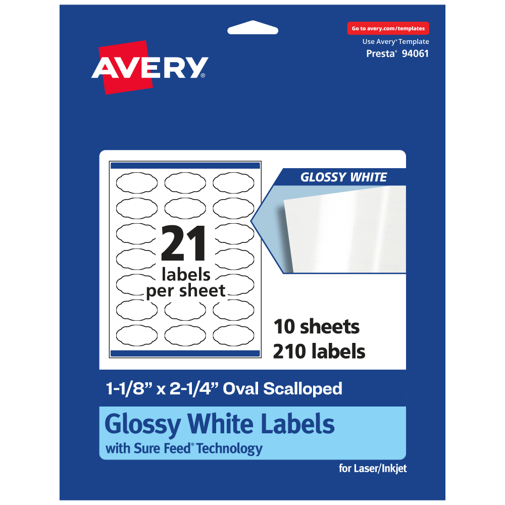 Avery Glossy Permanent Labels With Sure Feed, 94061-WGP10, Oval Scalloped, 1-1/8in x 2-1/4in, White, Pack Of 210 MPN:94061-WGP10
