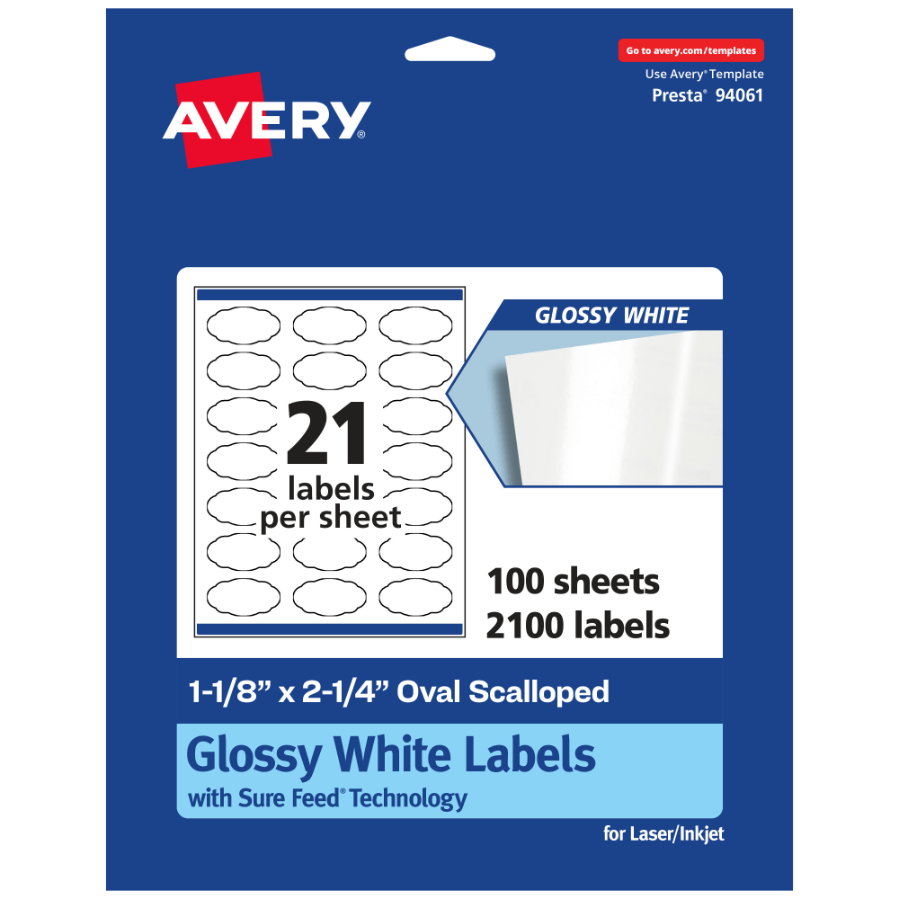 Avery Glossy Permanent Labels With Sure Feed, 94061-WGP100, Oval Scalloped, 1-1/8in x 2-1/4in, White, Pack Of 2, 100 MPN:94061-WGP100