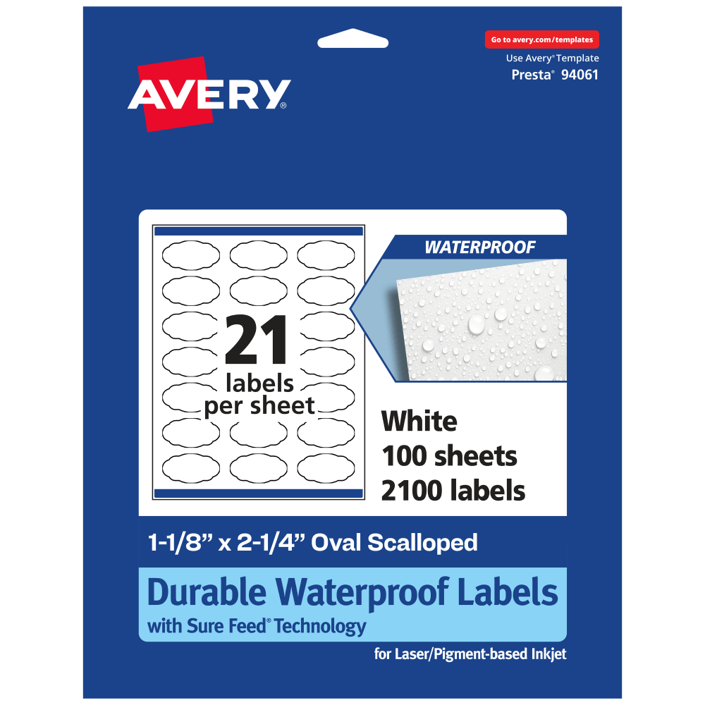 Avery Waterproof Permanent Labels With Sure Feed, 94061-WMF100, Oval Scalloped, 1-1/8in x 2-1/4in, White, Pack Of 2, 100 MPN:94061-WMF100