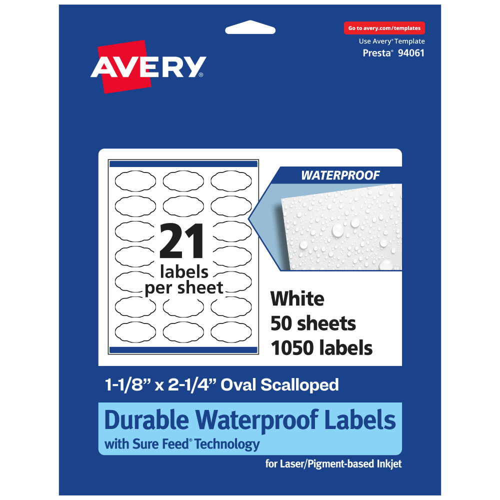Avery Waterproof Permanent Labels With Sure Feed, 94061-WMF50, Oval Scalloped, 1-1/8in x 2-1/4in, White, Pack Of 1, 050 MPN:94061-WMF50