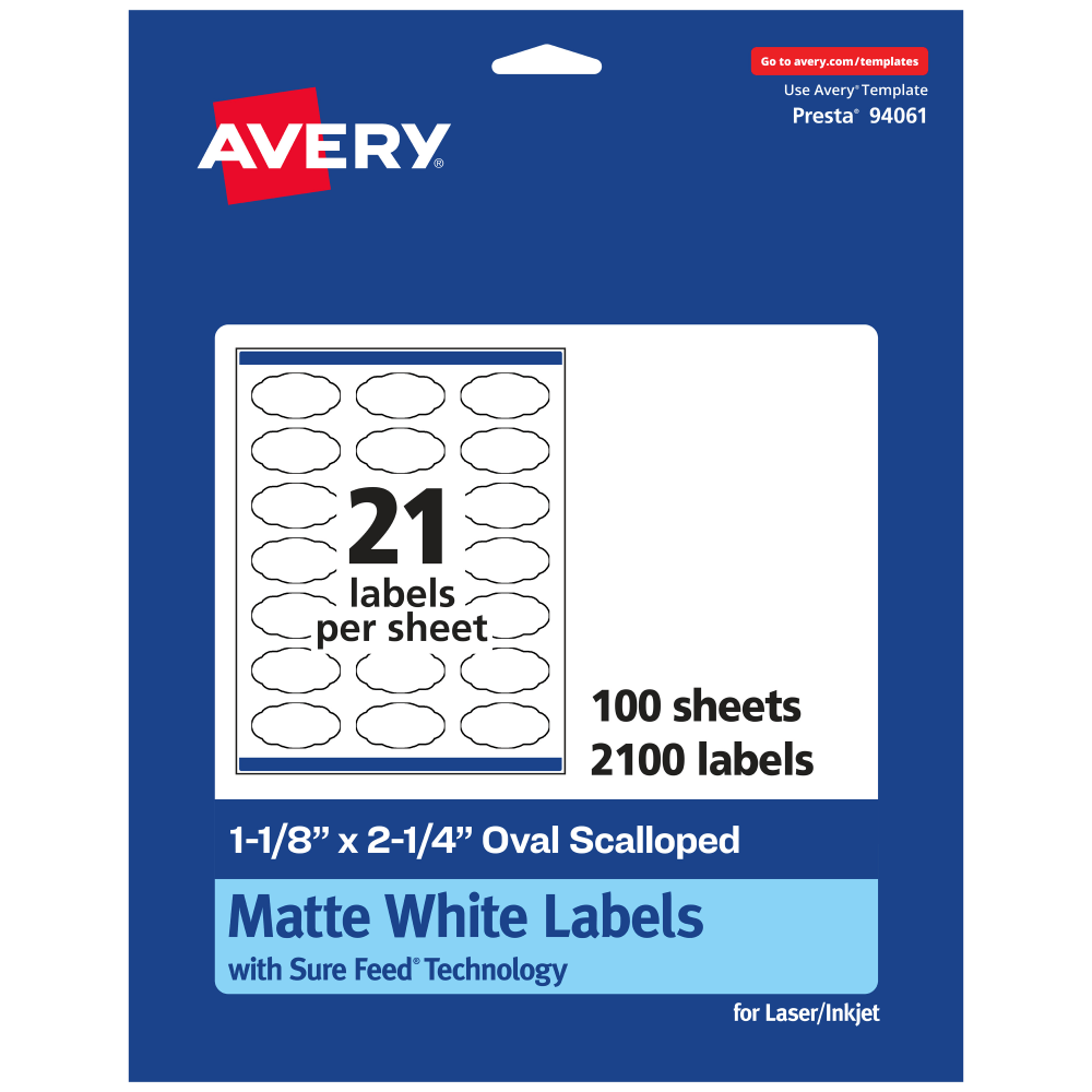 Avery Permanent Labels With Sure Feed, 94061-WMP100, Oval Scalloped, 1-1/8in x 2-1/4in, White, Pack Of 2, 100 MPN:94061-WMP100