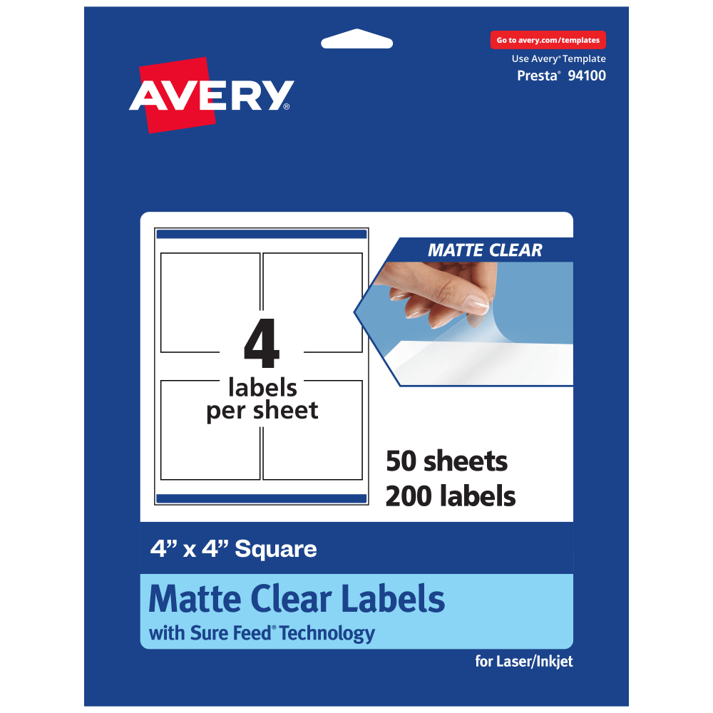 Avery Permanent Labels With Sure Feed, 94100-CMF50, Square, 4in x 4in, Matte Clear, Pack Of 200 MPN:94100-CMF50