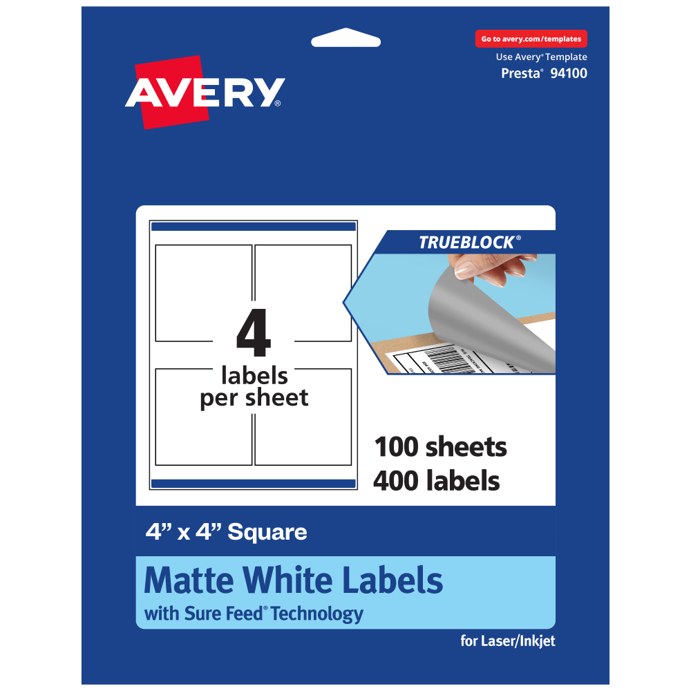 Avery TrueBlock Labels With Sure Feed, 94100-TWMP100, Square, 4in x 4in, Matte White, Pack Of 400 MPN:94100-TWMP100