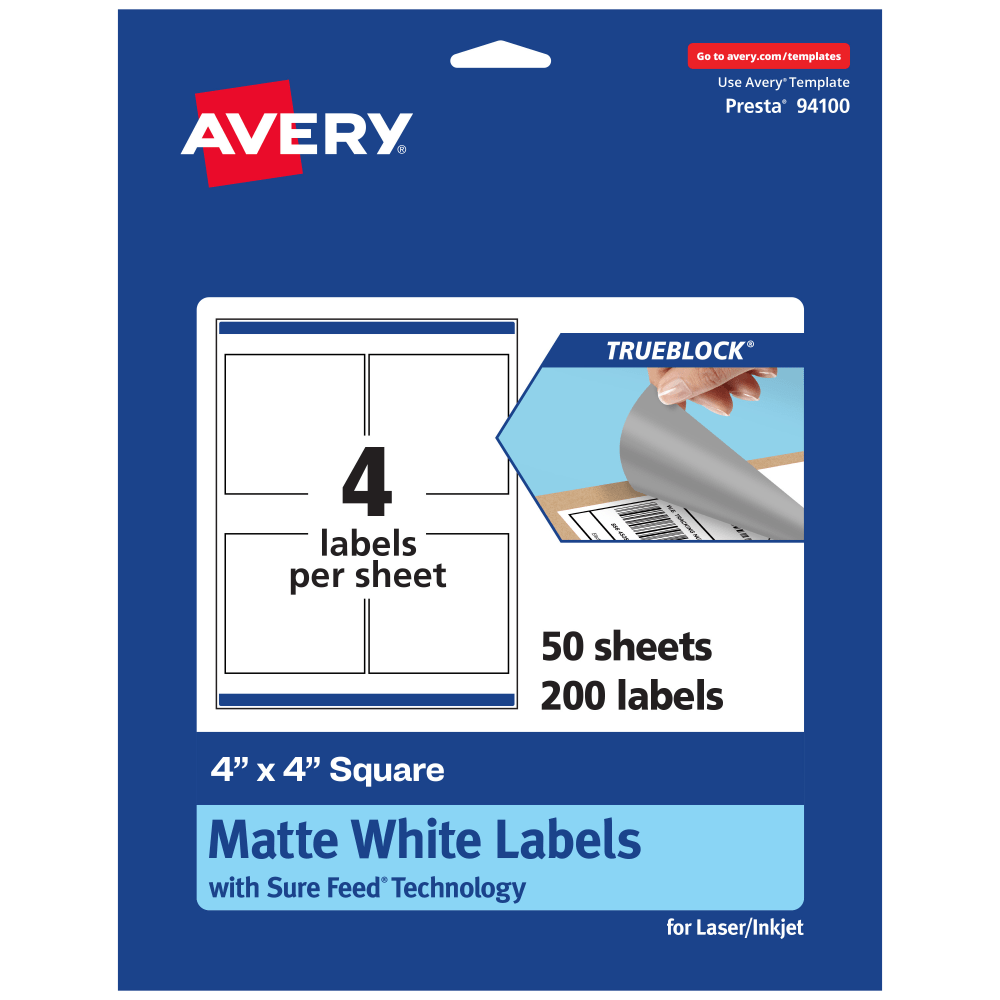 Avery TrueBlock Labels With Sure Feed, 94100-TWMP50, Square, 4in x 4in, Matte White, Pack Of 200 MPN:94100-TWMP50