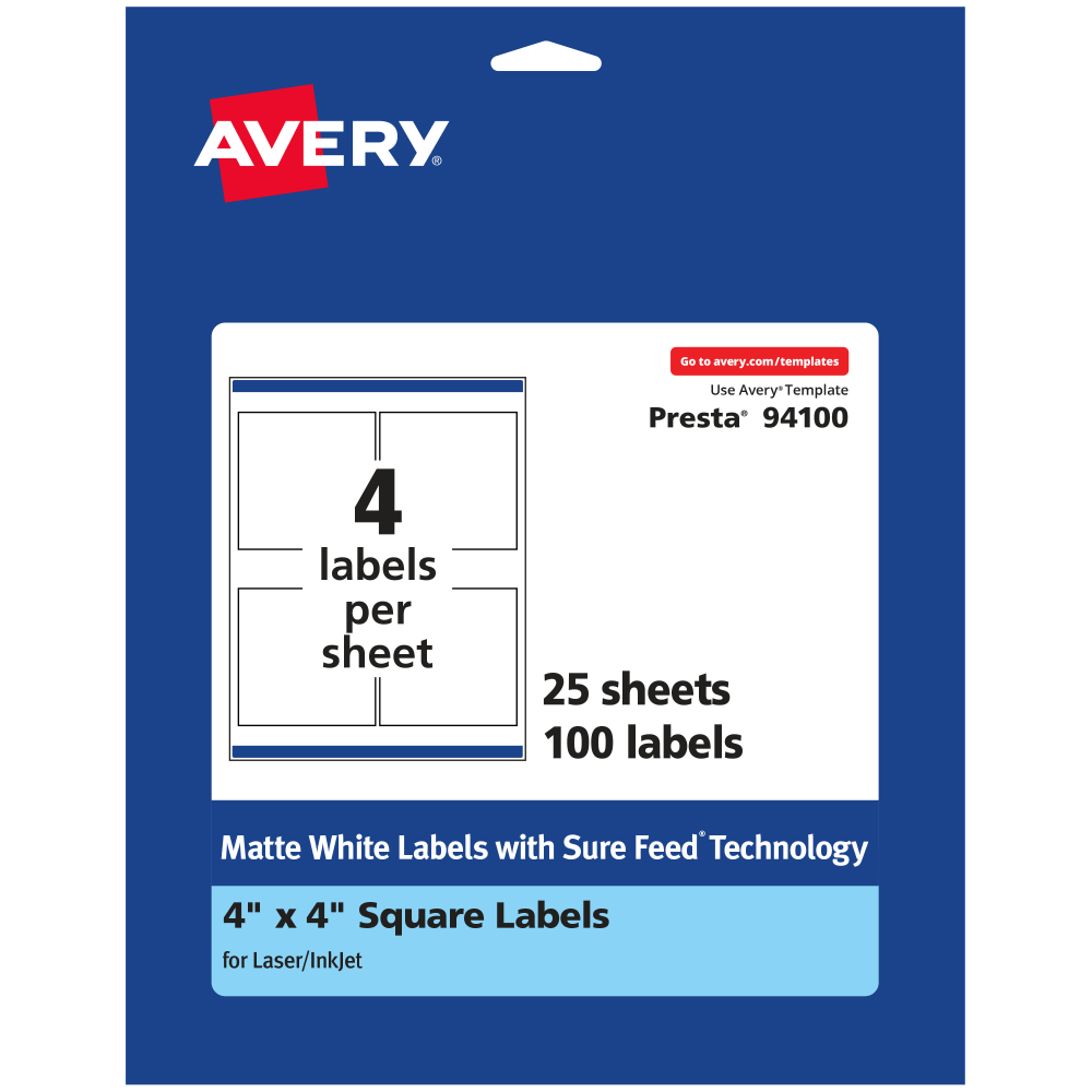 Avery Permanent Labels With Sure Feed, 94100-WMP25, Square, 4in x 4in, White, Pack Of 100 MPN:94100-WMP25