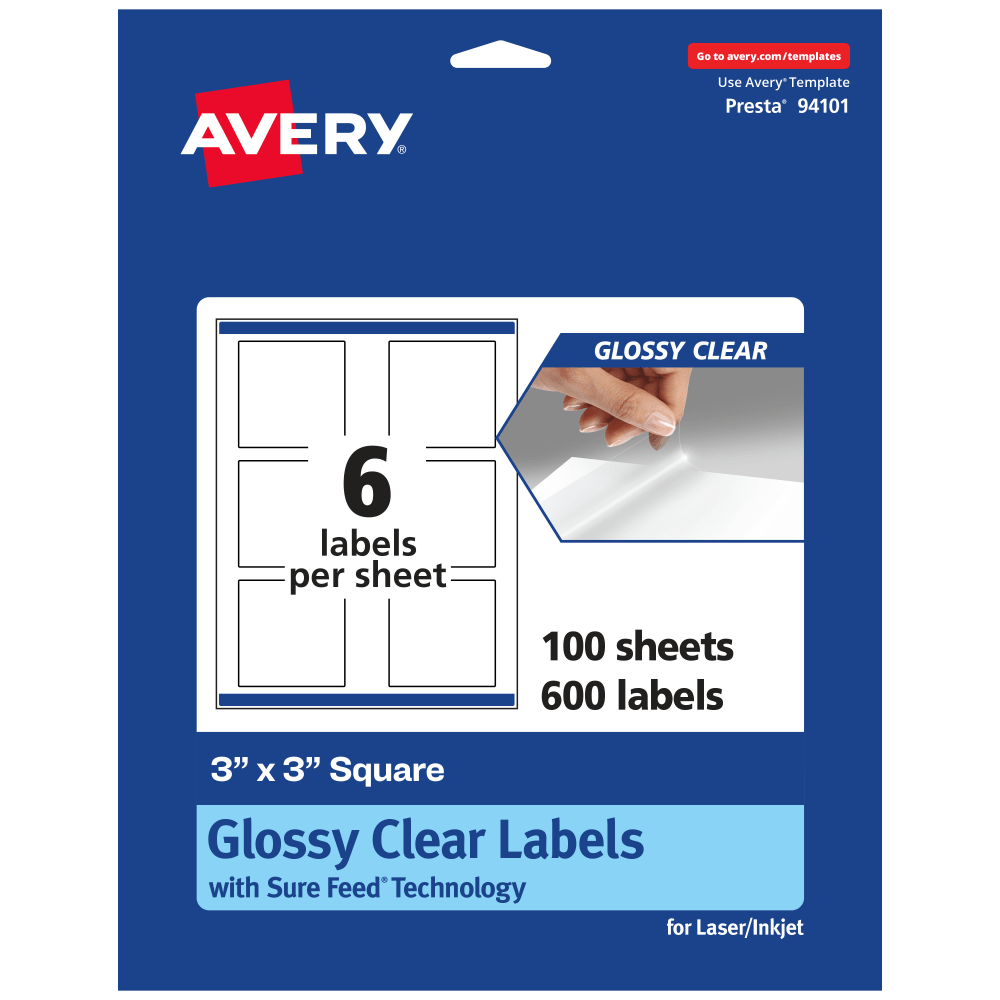 Avery Glossy Permanent Labels With Sure Feed, 94101-CGF100, Square, 3in x 3in, Clear, Pack Of 600 MPN:94101-CGF100