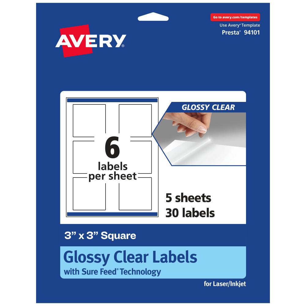 Avery Glossy Permanent Labels With Sure Feed, 94101-CGF5, Square, 3in x 3in, Clear, Pack Of 30 MPN:94101-CGF5