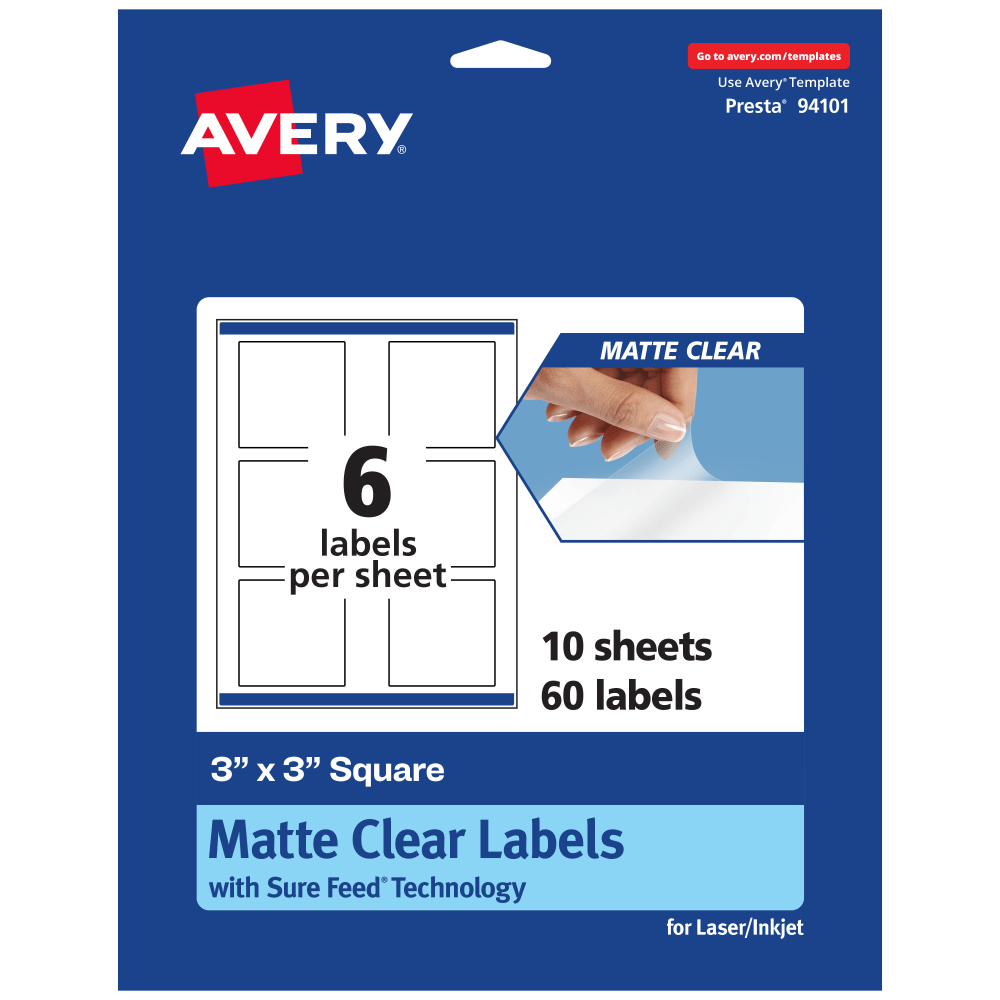 Avery Permanent Labels With Sure Feed, 94101-CMF10, Square, 3in x 3in, Matte Clear, Pack Of 60 MPN:94101-CMF10