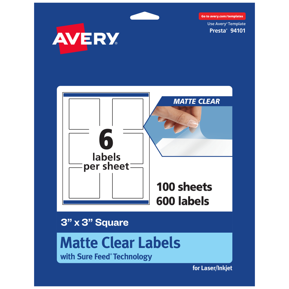 Avery Permanent Labels With Sure Feed, 94101-CMF100, Square, 3in x 3in, Matte Clear, Pack Of 600 MPN:94101-CMF100