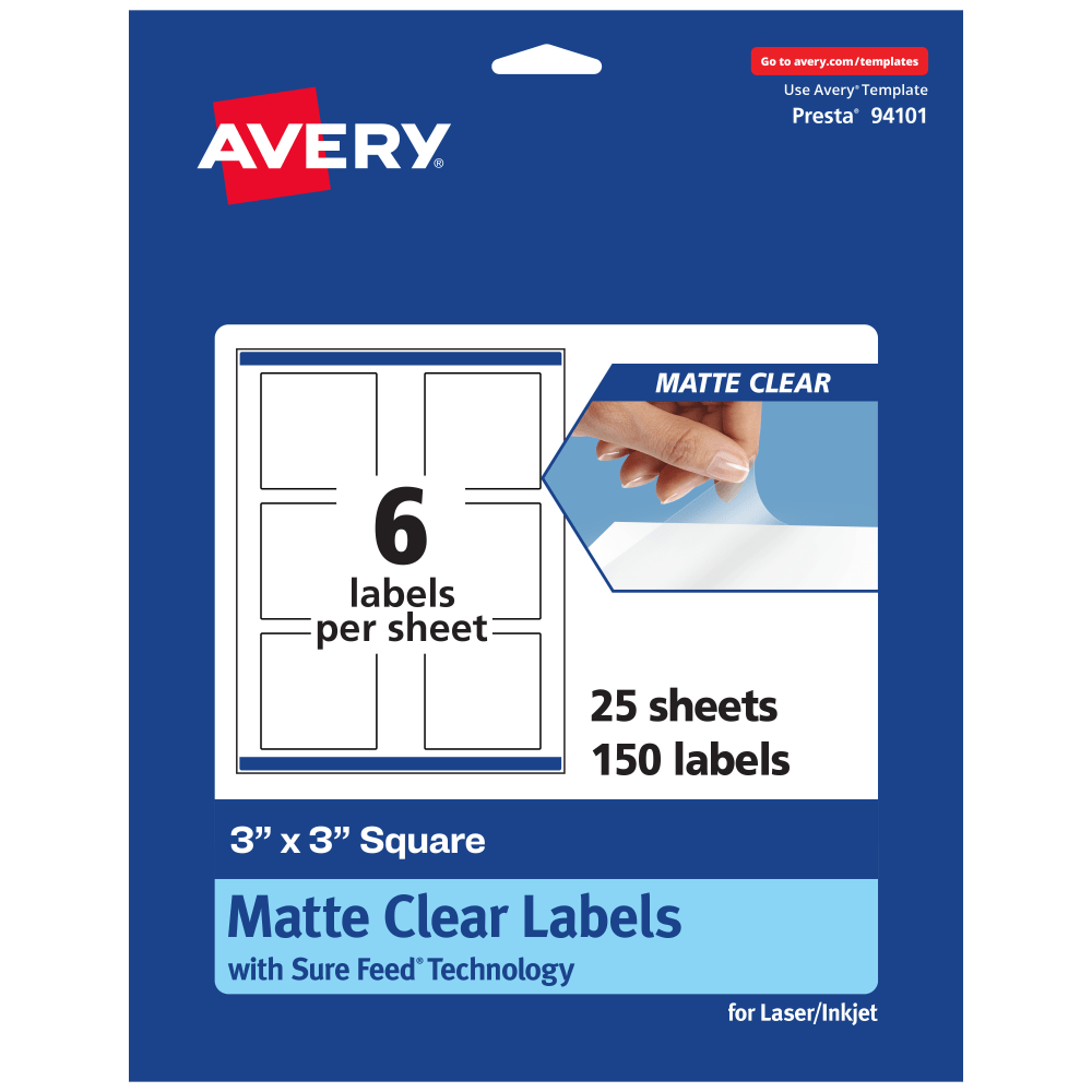 Avery Permanent Labels With Sure Feed, 94101-CMF25, Square, 3in x 3in, Matte Clear, Pack Of 150 MPN:94101-CMF25