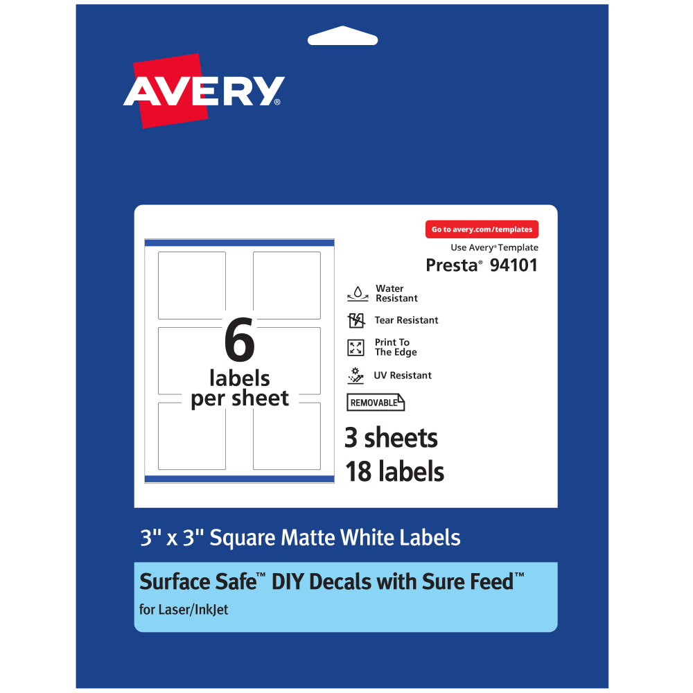 Avery Durable Removable Labels With Sure Feed, 94101-DRF3, Square, 3in x 3in, White, Pack Of 18 MPN:94101-DRF3