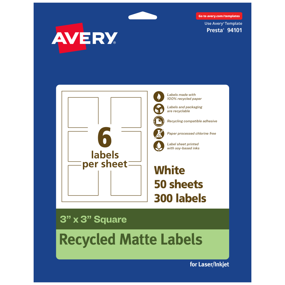 Avery Recycled Paper Labels, 94101-EWMP50, Square, 3in x 3in, White, Pack Of 300 MPN:94101-EWMP50