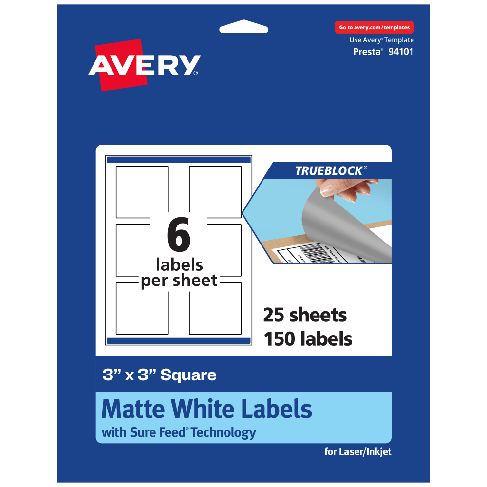 Avery Print-To-The-Edge TrueBlock Labels With Sure Feed, 94101-TWMP25, Square, 3in x 3in, Matte White, Pack Of 150 MPN:94101-TWMP25