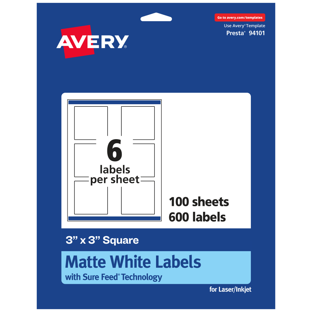 Avery Permanent Labels With Sure Feed, 94101-WMP100, Square, 3in x 3in, White, Pack Of 600 MPN:94101-WMP100