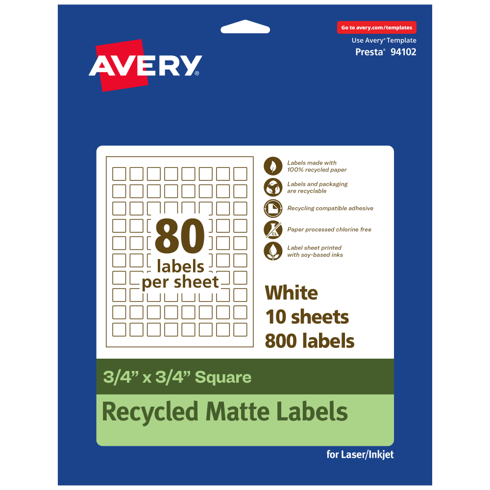 Avery Recycled Paper Labels, 94102-EWMP10, Square, 3/4in x 3/4in, White, Pack Of 800 MPN:94102-EWMP10