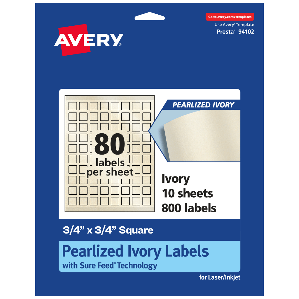 Avery Pearlized Permanent Labels With Sure Feed, 94102-PIP10, Square, 3/4in x 3/4in, Ivory, Pack Of 800 Labels MPN:94102-PIP10