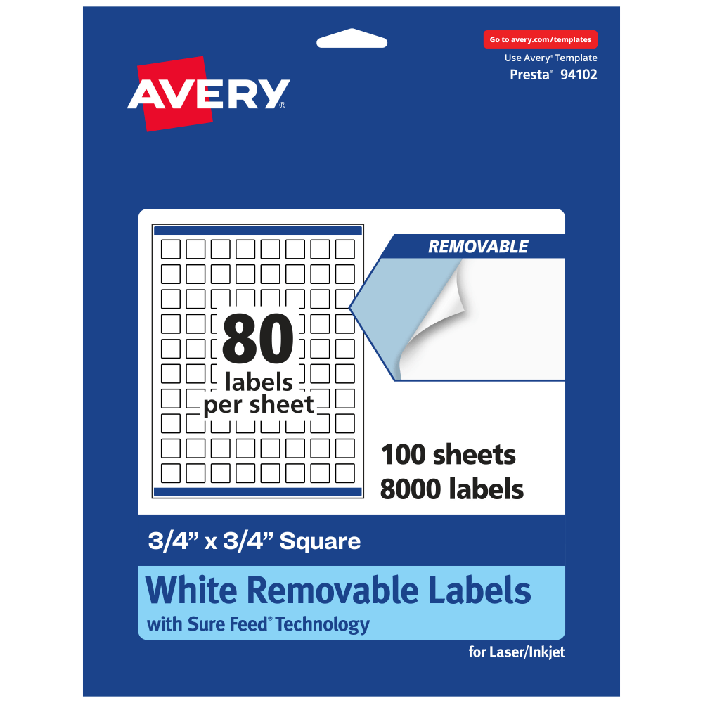 Avery Removable Labels With Sure Feed, 94102-RMP100, Square, 3/4in x 3/4in, White, Pack Of 8, 000 Labels MPN:94102-RMP100