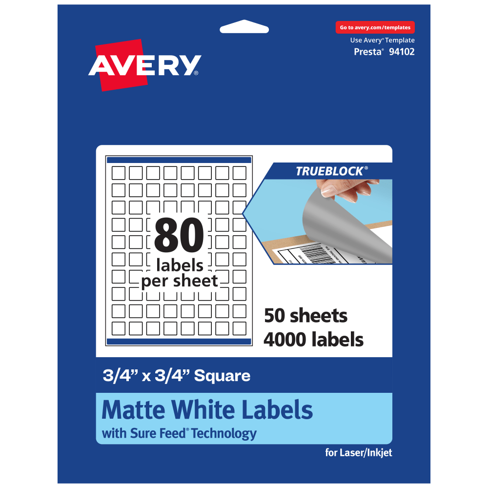 Avery Print-To-The-Edge TrueBlock Labels With Sure Feed, 94102-TWMP50, Square, 3/4in x 3/4in, Matte White, Pack Of 4000 MPN:94102-TWMP50