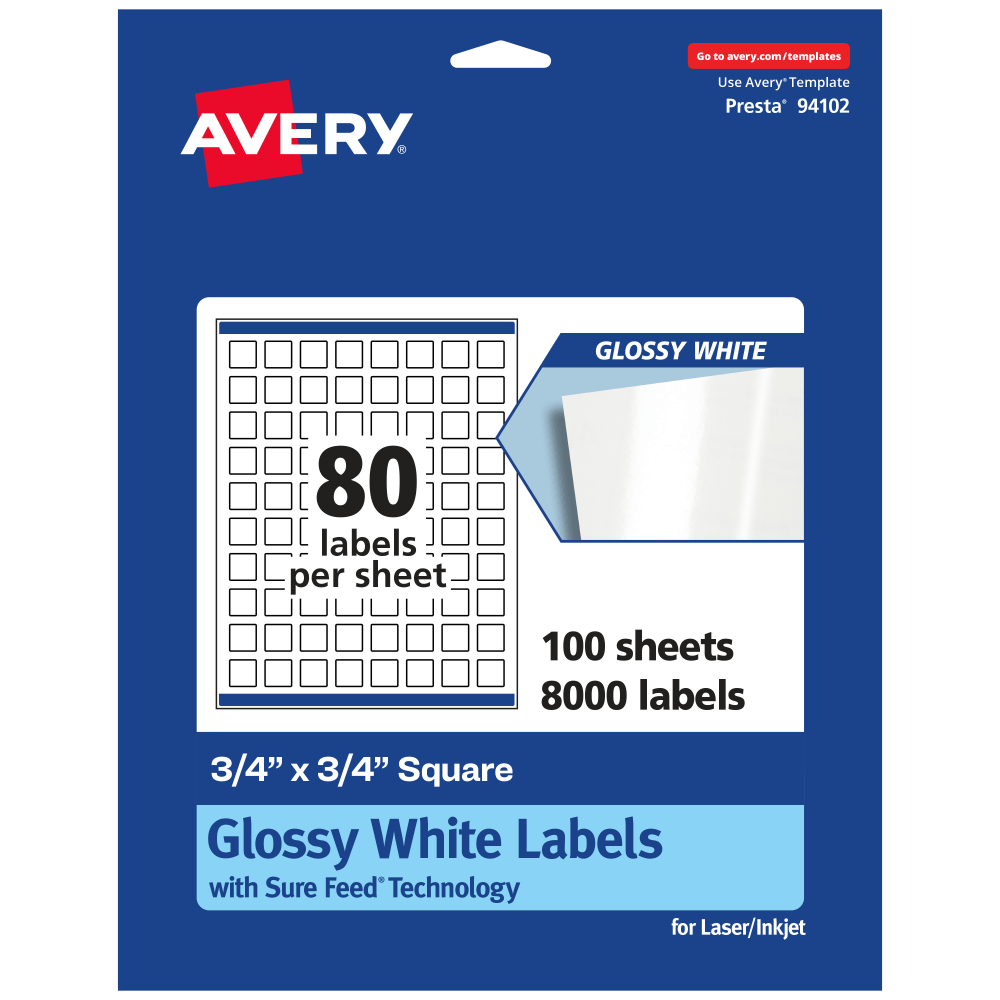 Avery Glossy Permanent Labels With Sure Feed, 94102-WGP100, Square, 3/4in x 3/4in, White, Pack Of 8, 000 MPN:94102-WGP100