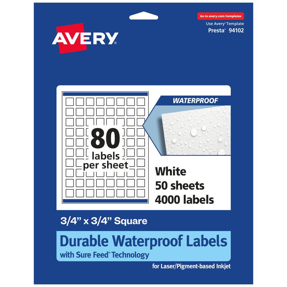 Avery Waterproof Permanent Labels With Sure Feed, 94102-WMF50, Square, 3/4in x 3/4in, White, Pack Of 4, 000 MPN:94102-WMF50