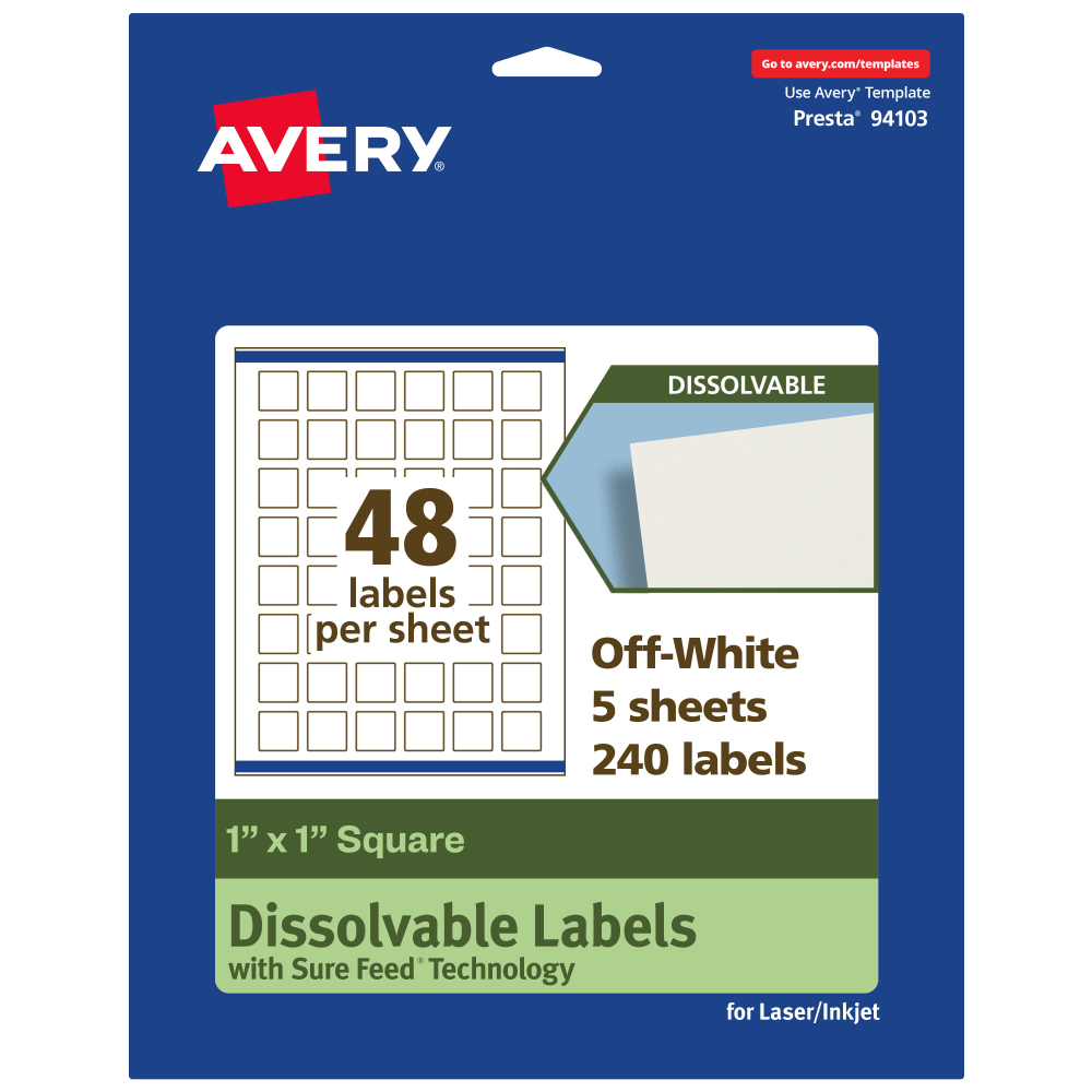 Avery Print-to-the-Edge Dissolvable Labels With Sure Feed Technology, 94103-DWMP5, Square, 1inx1in, Matte Off-White, Pack Of 240 MPN:94103-DWMP5