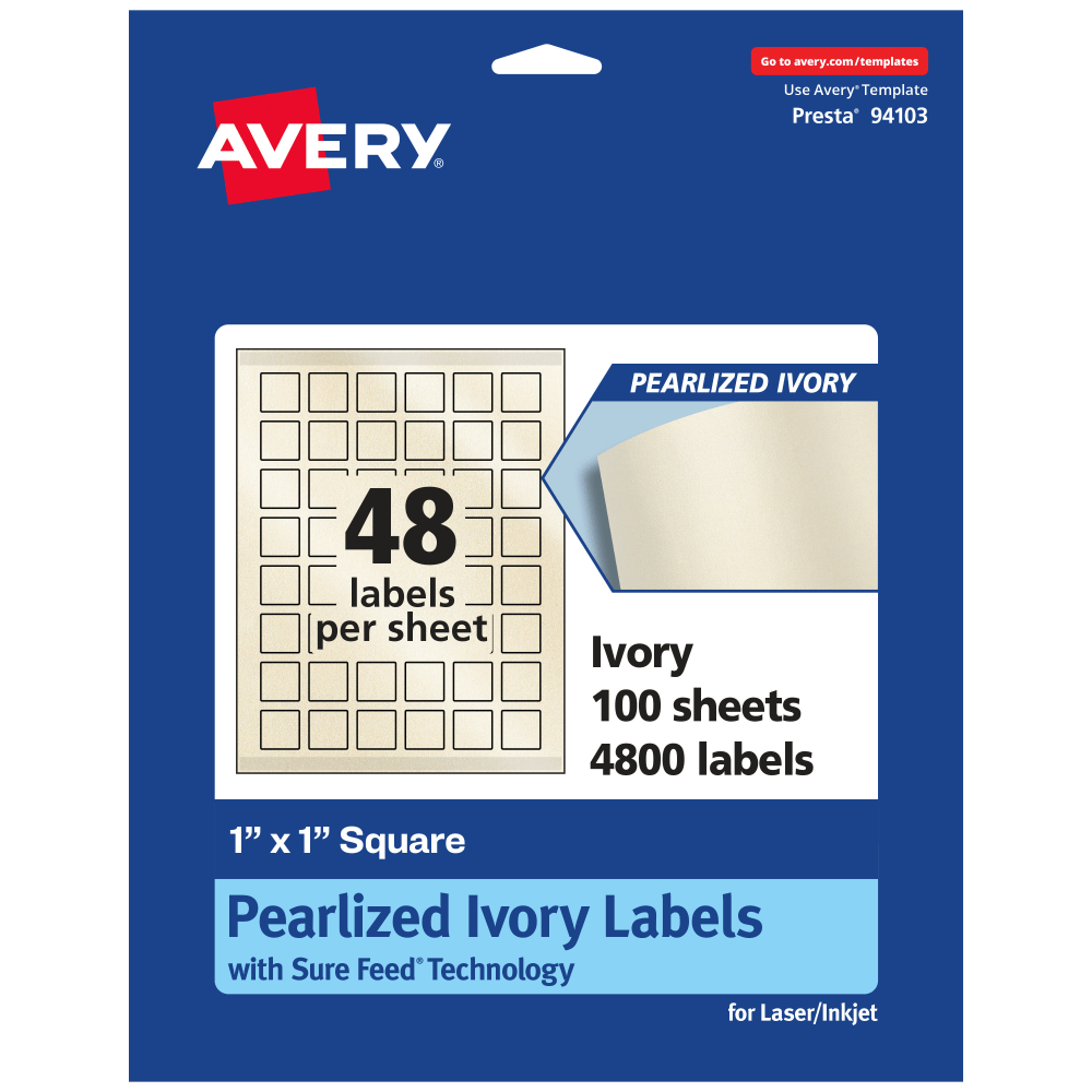 Avery Pearlized Permanent Labels With Sure Feed, 94103-PIP100, Square, 1in x 1in, Ivory, Pack Of 4, 800 Labels MPN:94103-PIP100