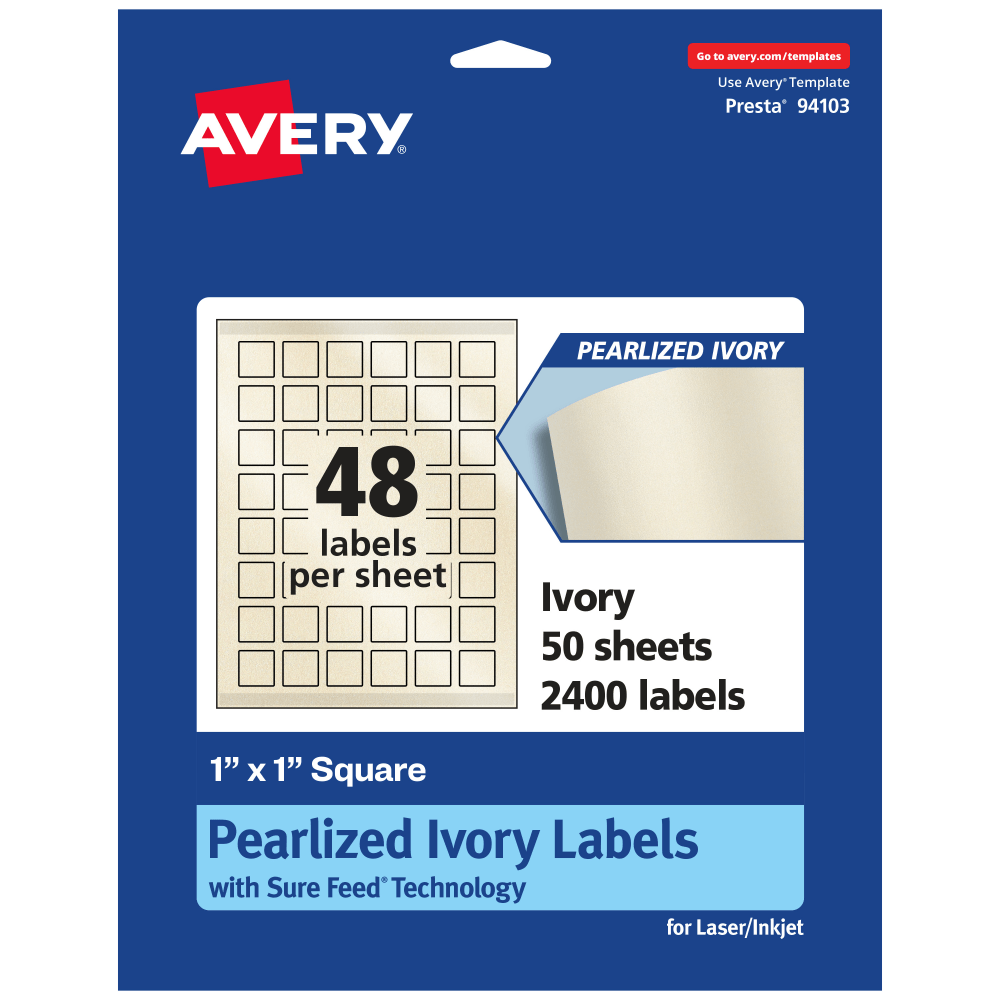 Avery Pearlized Permanent Labels With Sure Feed, 94103-PIP50, Square, 1in x 1in, Ivory, Pack Of 2, 400 Labels MPN:94103-PIP50