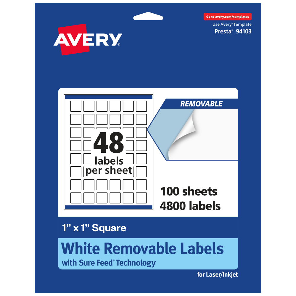 Avery Removable Labels With Sure Feed, 94103-RMP100, Square, 1in x 1in, White, Pack Of 4, 800 Labels MPN:94103-RMP100