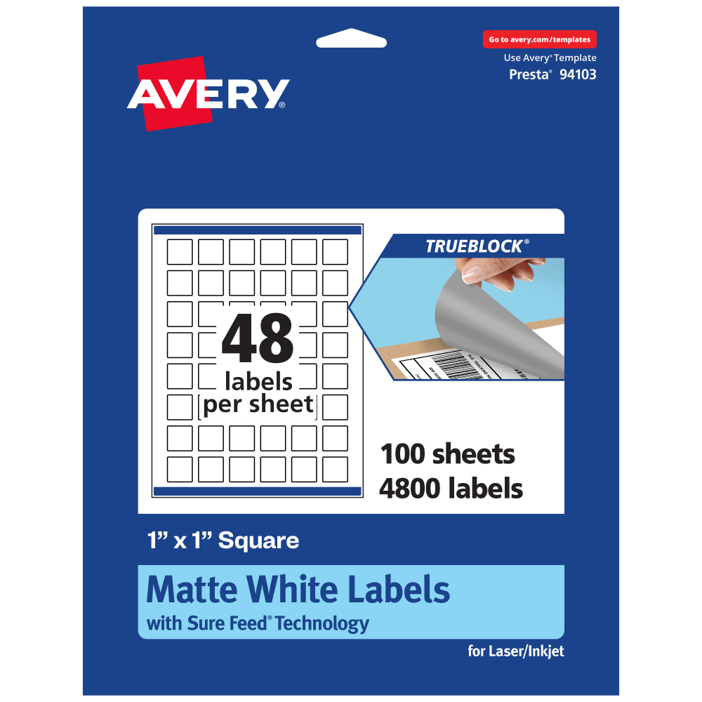 Avery Print-To-The-Edge TrueBlock Labels With Sure Feed, 94103-TWMP100, Square, 1in x 1in, Matte White, Pack Of 4800 MPN:94103-TWMP100