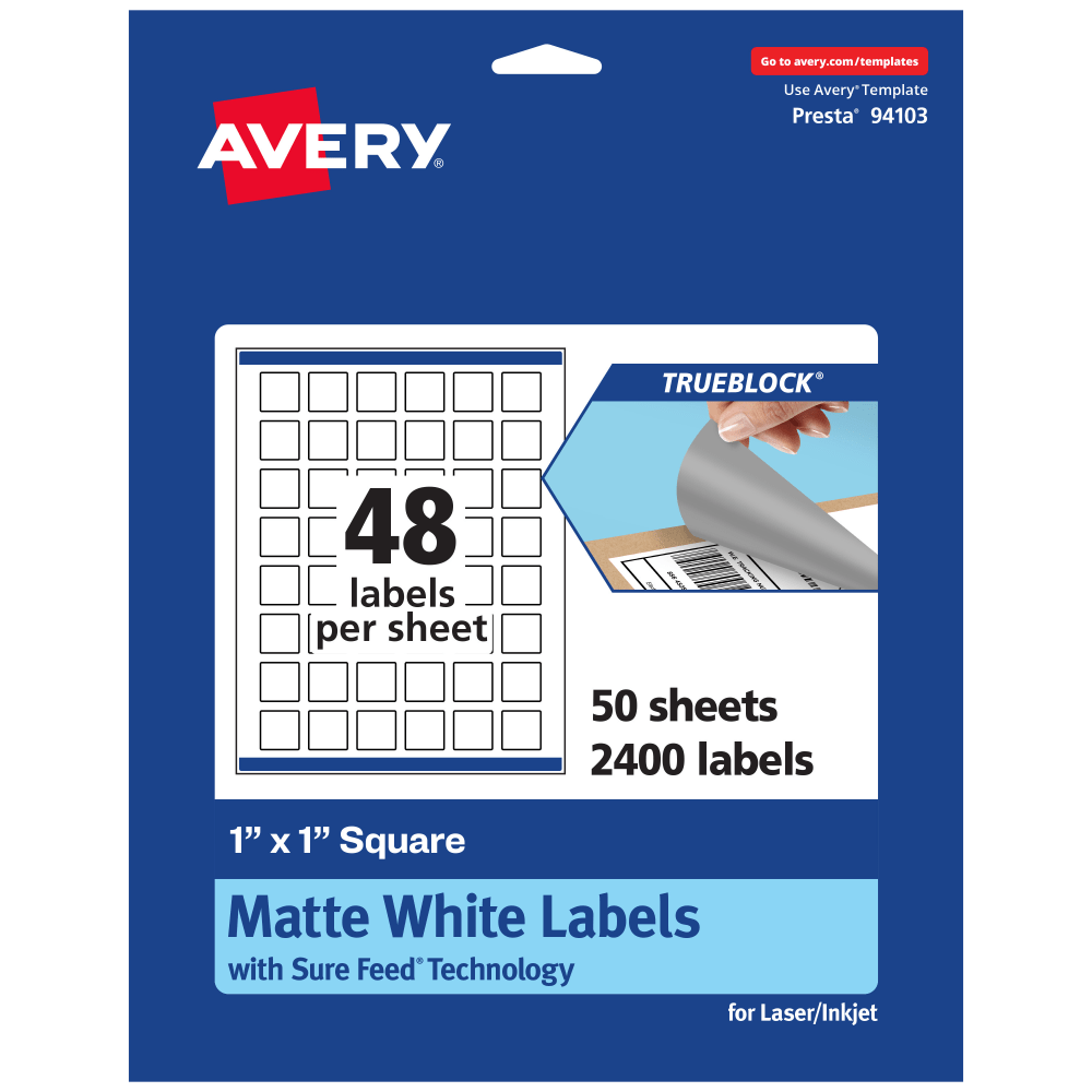 Avery Print-To-The-Edge TrueBlock Labels With Sure Feed, 94103-TWMP50, Square, 1in x 1in, Matte White, Pack Of 2400 MPN:94103-TWMP50