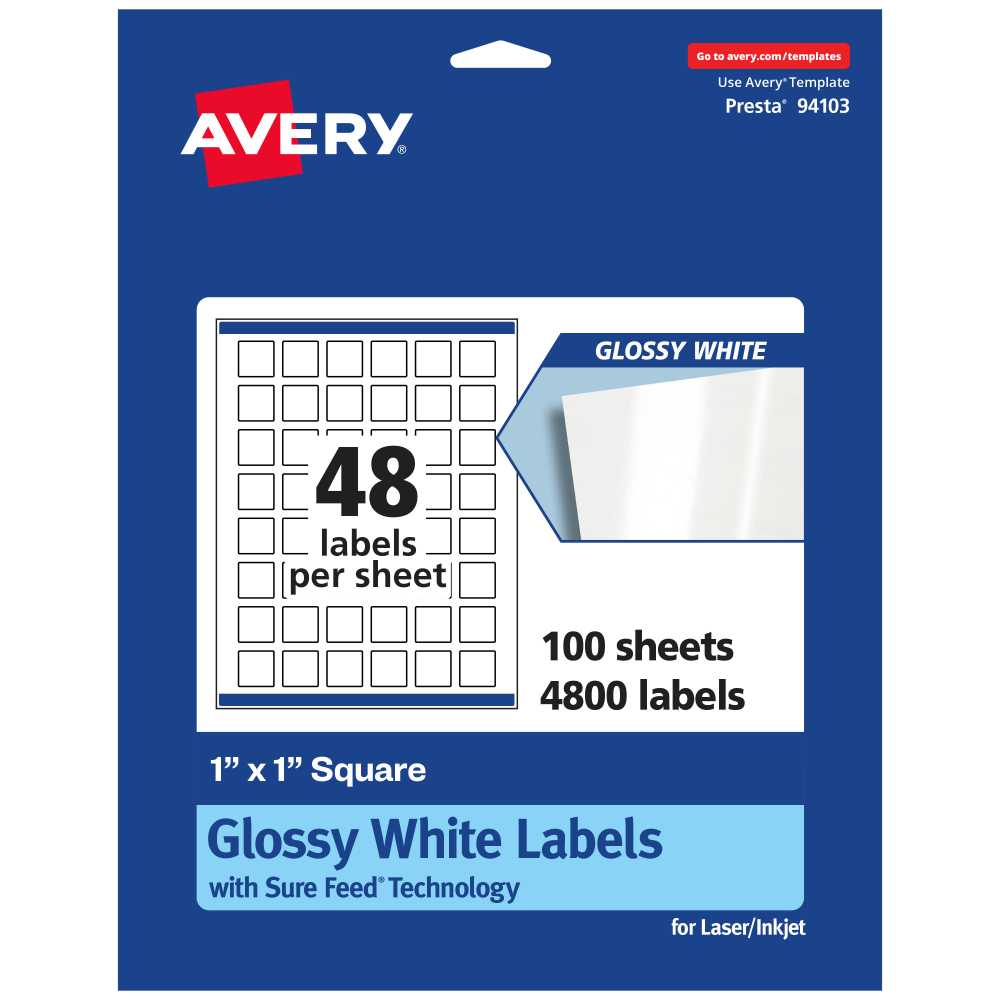 Avery Glossy Permanent Labels With Sure Feed, 94103-WGP100, Square, 1in x 1in, White, Pack Of 4, 800 MPN:94103-WGP100