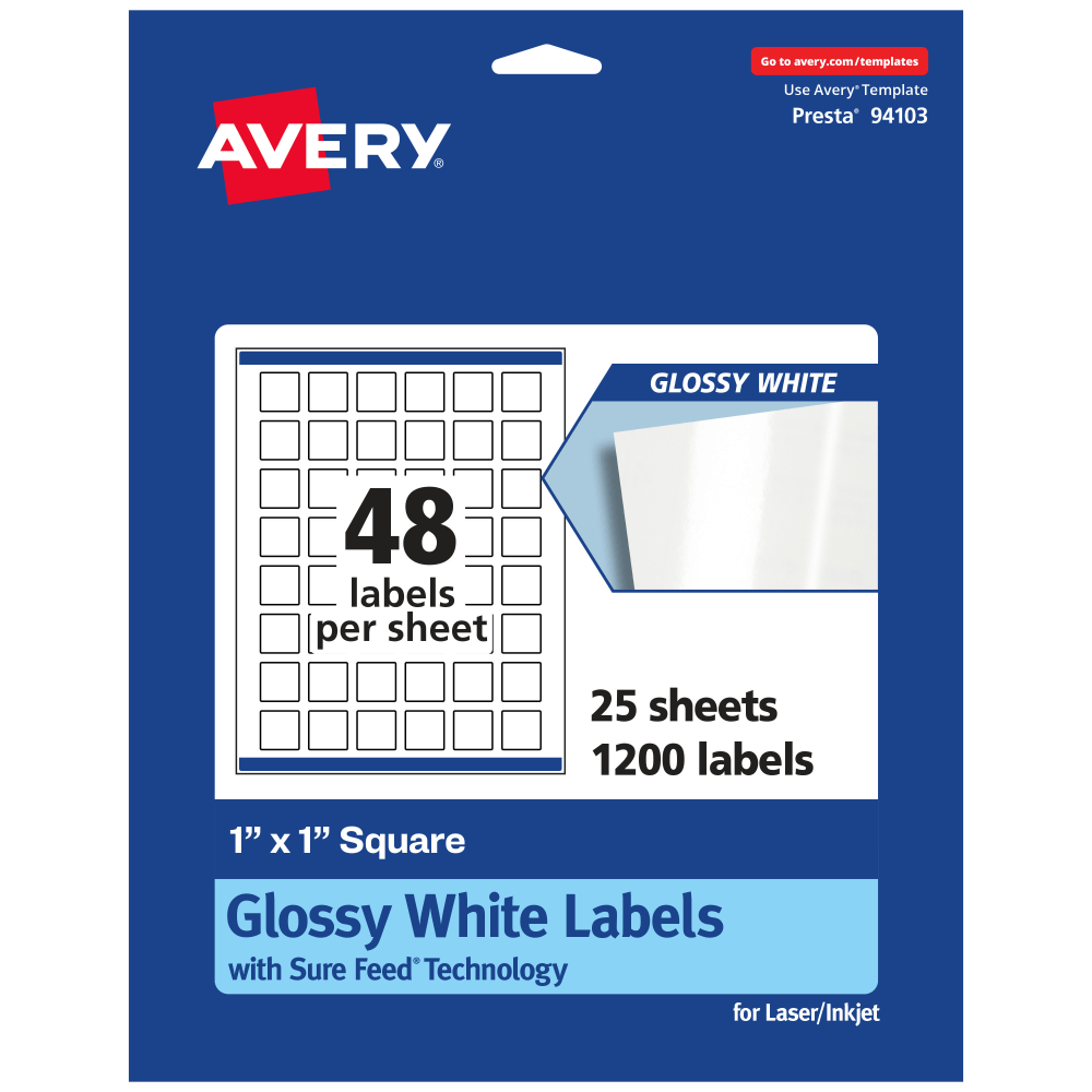 Avery Glossy Permanent Labels With Sure Feed, 94103-WGP25, Square, 1in x 1in, White, Pack Of 1, 200 MPN:94103-WGP25