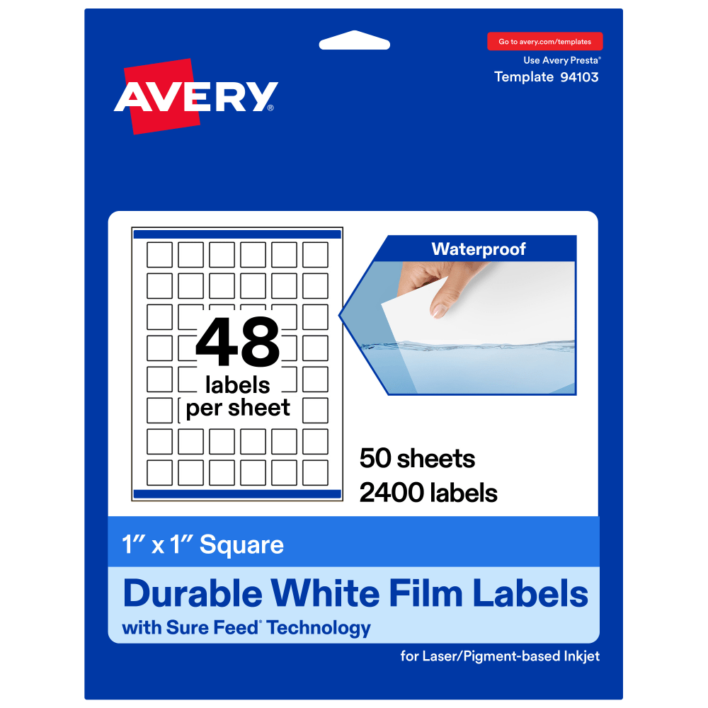 Avery Waterproof Permanent Labels With Sure Feed, 94103-WMF50, Square, 1in x 1in, White, Pack Of 2, 400 MPN:94103-WMF50