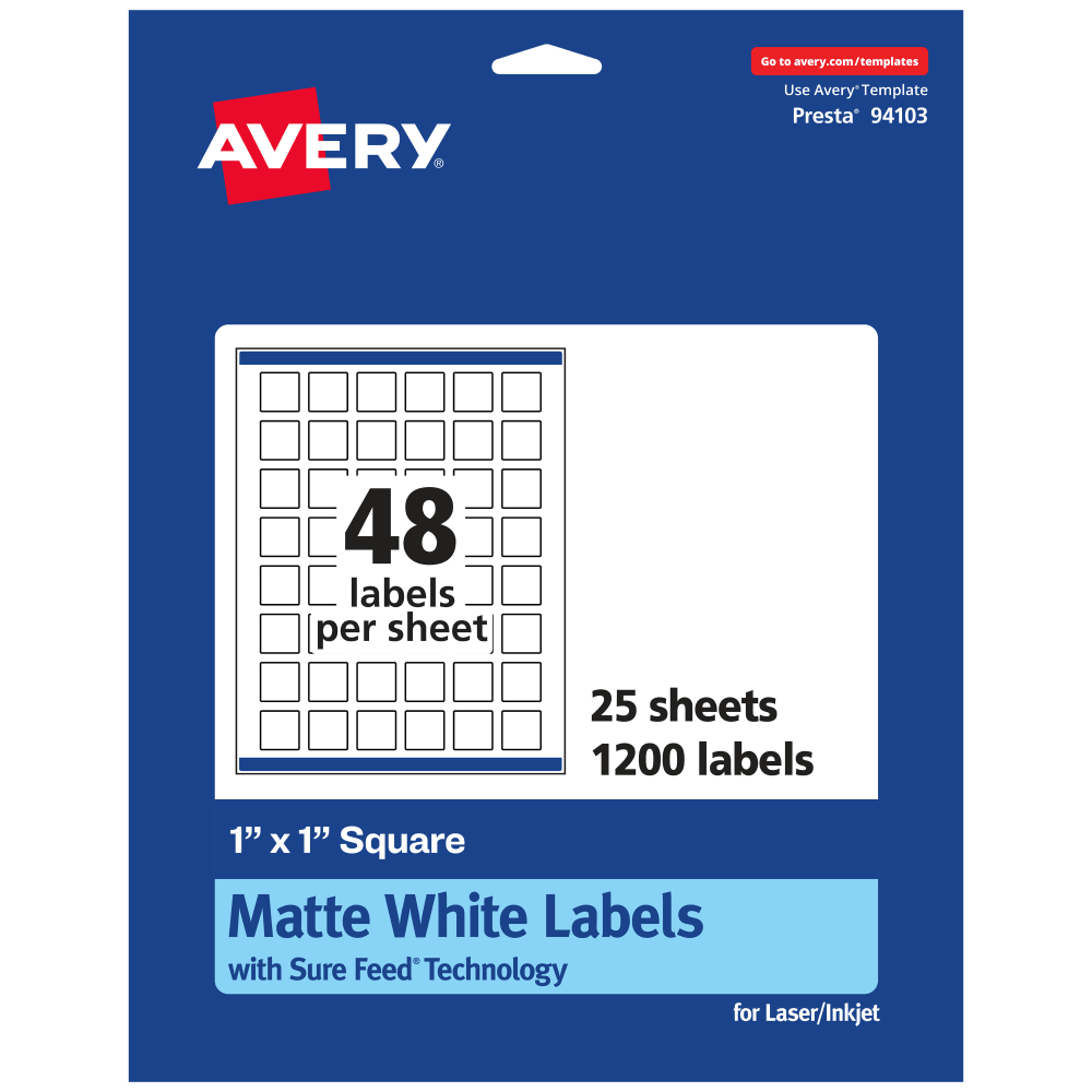 Avery Permanent Labels With Sure Feed, 94103-WMP25, Square, 1in x 1in, White, Pack Of 1, 200 MPN:94103-WMP25