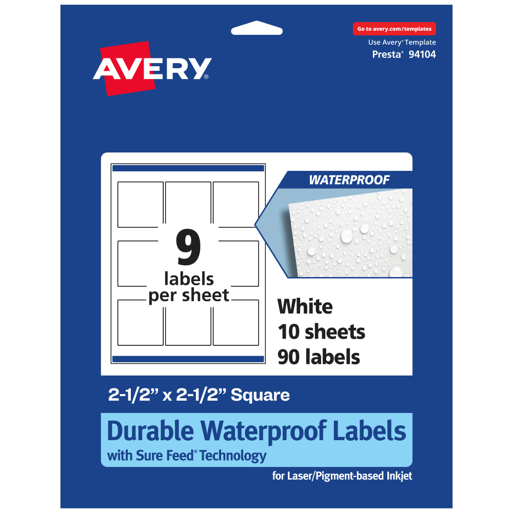 Avery Waterproof Permanent Labels With Sure Feed, 94104-WMF10, Square, 2-1/2in x 2-1/2in, White, Pack Of 90 MPN:94104-WMF10