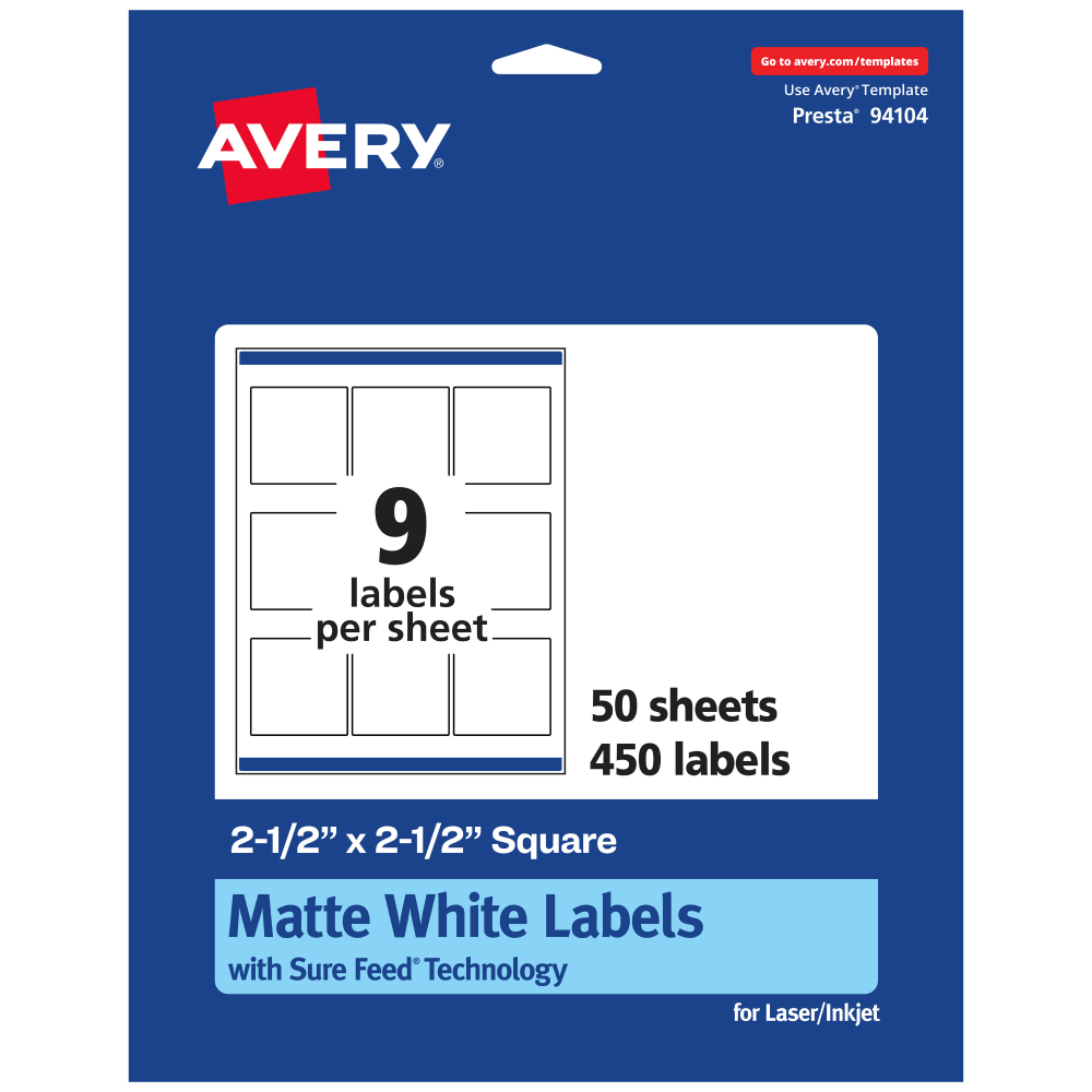 Avery Permanent Labels With Sure Feed, 94104-WMP50, Square, 2-1/2in x 2-1/2in, White, Pack Of 450 MPN:94104-WMP50