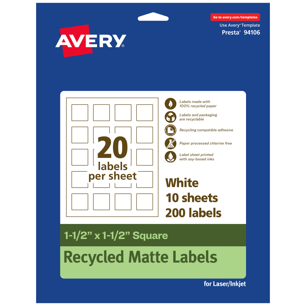 Avery Recycled Paper Labels, 94106-EWMP10, Square, 1-1/2in x 1-1/2in, White, Pack Of 200 MPN:94106-EWMP10