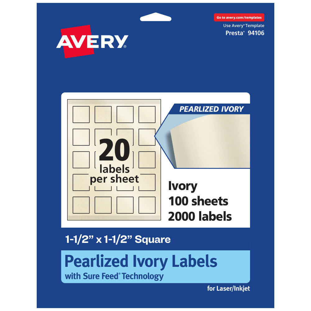 Avery Pearlized Permanent Labels With Sure Feed, 94106-PIP100, Square, 1-1/2in x 1-1/2in, Ivory, Pack Of 2, 000 Labels MPN:94106-PIP100