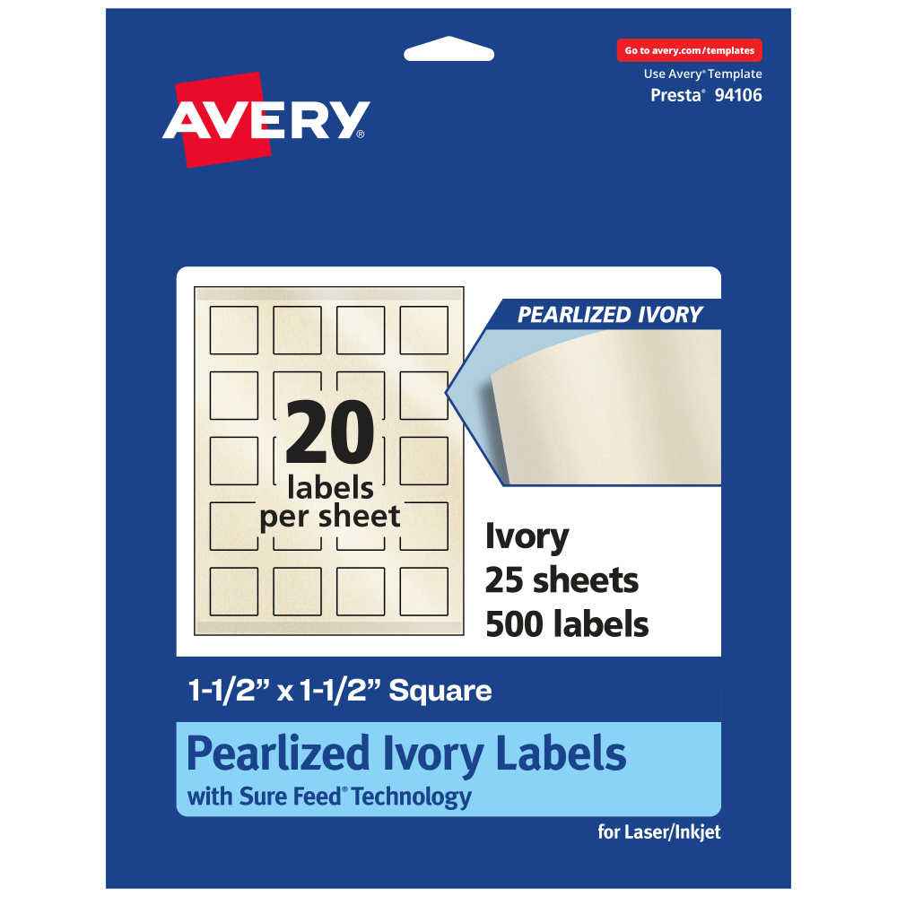 Avery Pearlized Permanent Labels With Sure Feed, 94106-PIP25, Square, 1-1/2in x 1-1/2in, Ivory, Pack Of 500 Labels MPN:94106-PIP25