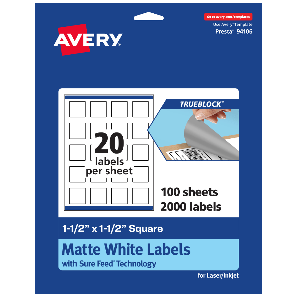 Avery Print-To-The-Edge TrueBlock Labels With Sure Feed, 94106-TWMP100, Square, 1-1/2in x 1-1/2in, Matte White, Pack Of 2000 MPN:94106-TWMP100