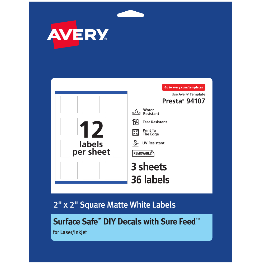 Avery Durable Removable Labels With Sure Feed, 94107-DRF3, Square, 2in x 2in, White, Pack Of 36 MPN:94107-DRF3