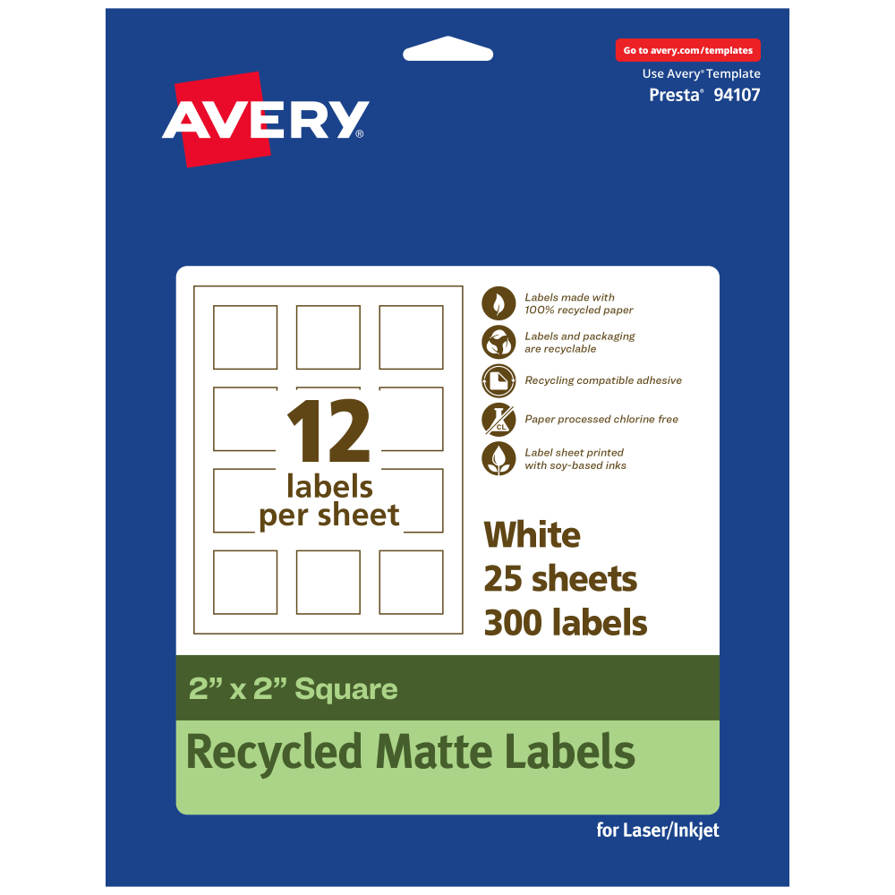 Avery Recycled Paper Labels, 94107-EWMP25, Square, 2in x 2in, White, Pack Of 300 MPN:94107-EWMP25